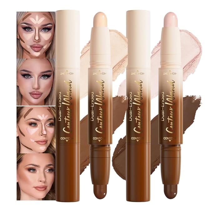 2Pcs Dual Ended Contour Stick Set, 21# + 23# Cream Concealer Highlighter, Waterproof No Transfer Long-Lasting 2-in-1 Face Contour Bronzer Sticks for Daily Makeup