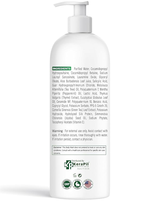 KERAPIL Bacterinyl Tea Tree Oil Body Wash - Antibacterial & Antifungal Support for Ringworm, Body Odors, Athlete’s Foot & Acne, Helps Soothe Itchy, Dry Skin - Made in USA (16 fl oz x 2)