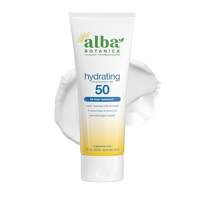 Alba Botanica Hydrating Sunscreen Lotion, SPF 50 Broad Spectrum Protection, 24 Hour Hydration, Water Resistant (40 minutes), Fragrance Free, Oxybenzone-Free, 3 Fl. Oz