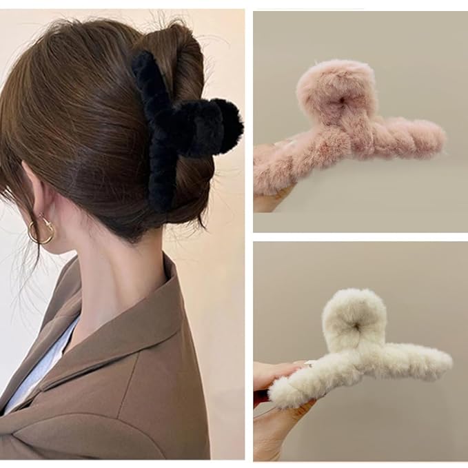 3pcs Fuzzy Claw Clip,Plush Hair Clamp for Thick Hair, Large Faux Fur Hair Claw Clips,cute hair clips for claw clips for Thin Hair