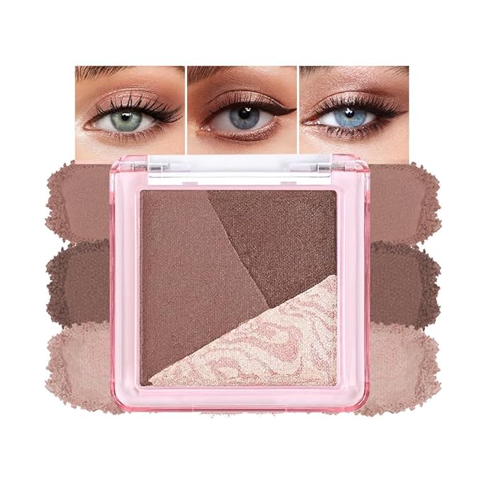 Neutral Brown Nude Shimmer Baked Eyeshadow Palette, 3 Color High Pigment Blendable Eye Shadow Makeup for Older Women,Travel Mini Palette Suitable for All Eye Shapes Vegan Cruelty-Free Smokey Look 06#