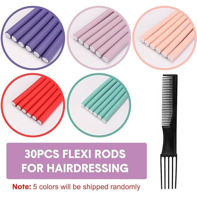 Flexible Hair Curlers to Sleep in, 30PCS Flexi Rods (9.45" and 5 Sizes 0.39"-0.78"), No Heat Heatless Curling Set for Short Medium Long Hair