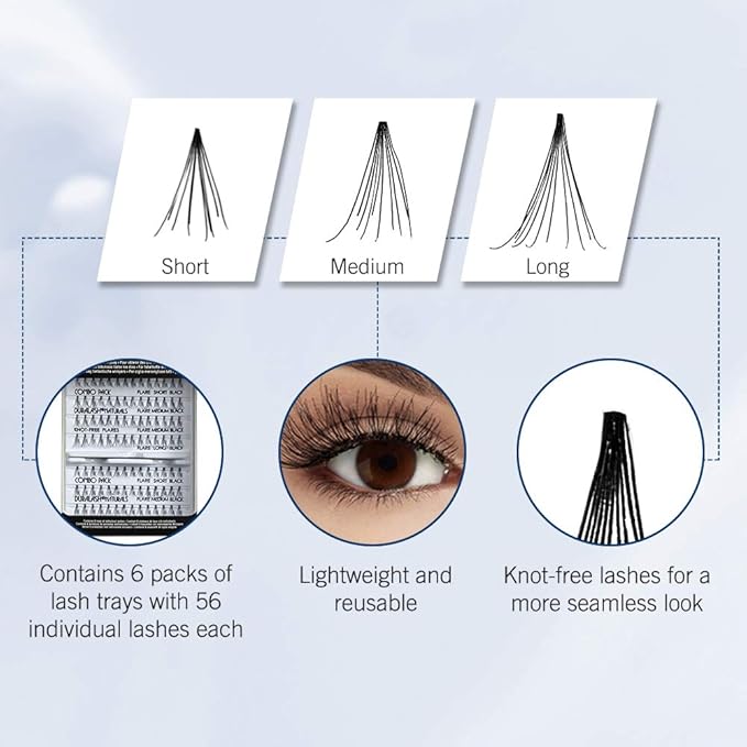 Ardell Individual Lashes - Combo Black, Knot-Free Lash Clusters, DIY Eyelash Extensions, Lightweight & Customizable False Eyelashes, 6 Pack