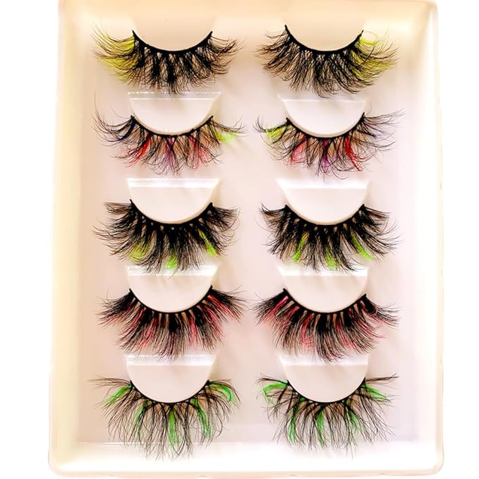 Sunniess 5 Pairs 25mm Lashes,10D Colored False Eyelashes, Makeup Fluffy Wispy Volume Dramatic Faux Mink Eyelashes for Halloween Christmas Cosplay Party Stage