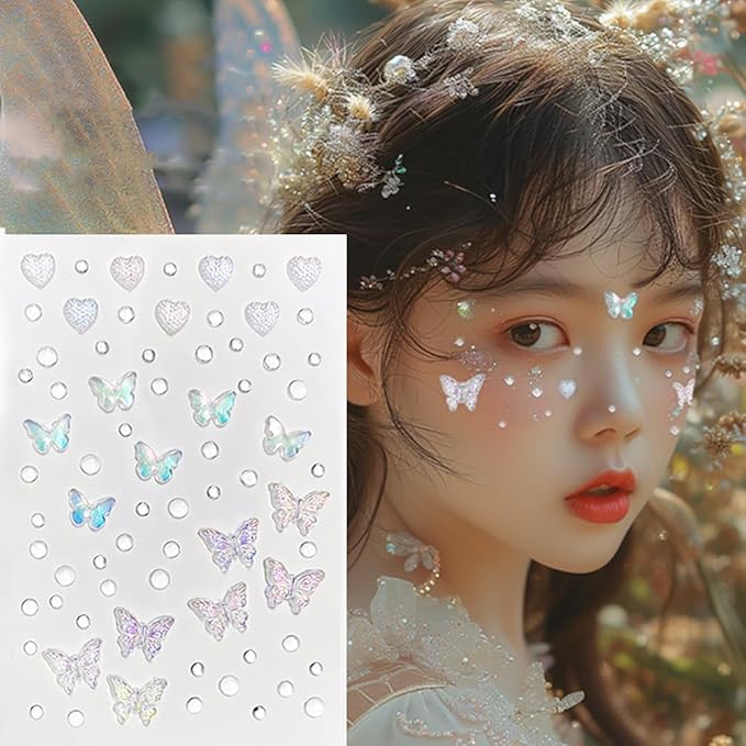 Butterfly Face Gems Glitter Tattoo for Eye Corner and Forehead Bindi Rhinestone Face Jewelry Rave Party Decorations For Women Kids, 3-Pack