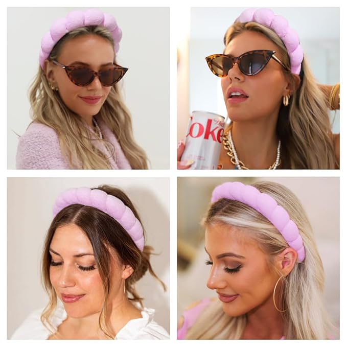 AOENJIE Spa Headbands for Washing Face or Makeup, Sponge Bubble Skincare Headbands, Puffy Terry Cloth Hairband for Women, Skin Care Makeup Headwear Hair Accessories for Girls(Purple)