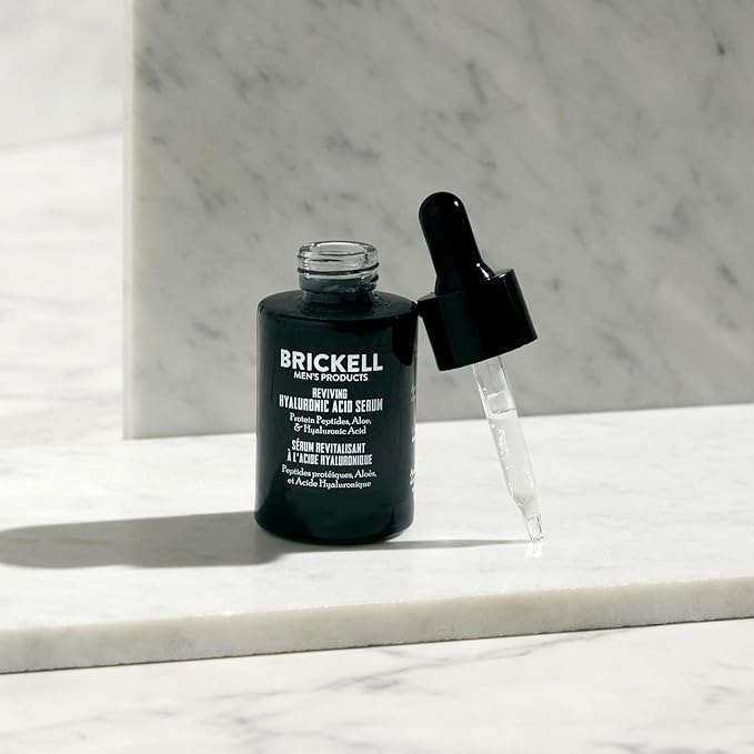 Brickell Men's Anti Aging Hyaluronic Acid Serum for Face, Day Face Serum for Men, Natural & Organic Facial Serum With Protein Peptides to Restore Collagen and Firmness, 1 Ounce, Unscented