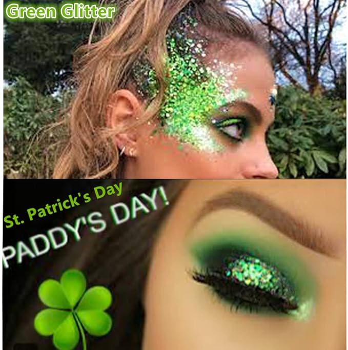 Go Ho Green Body Glitter,St Patricks Day Face Glitter Makeup,Green Face Paint Holographic Chunky Sequins Glitters for Eye Hair Nails,St Pattys Outfit Women Sparkle Accessories