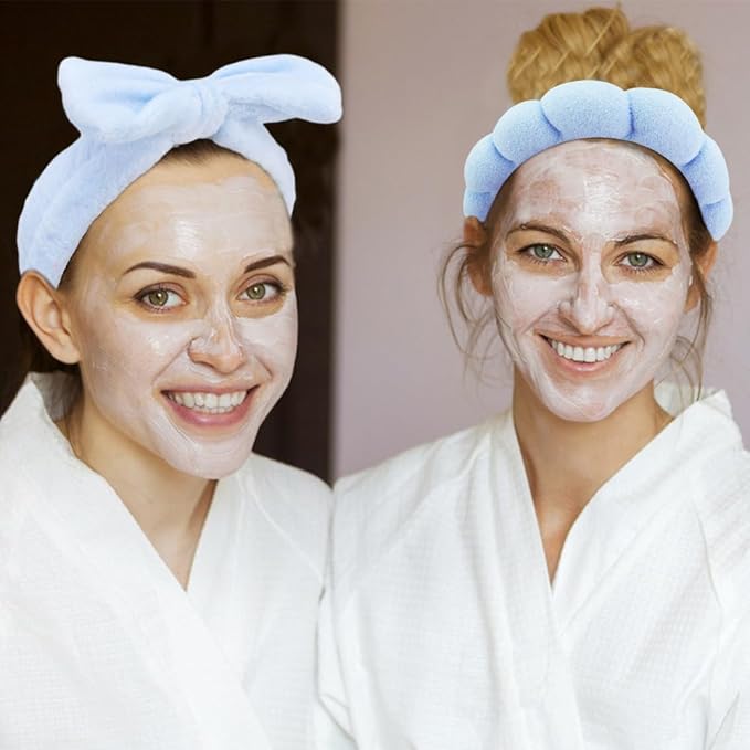 SPA Headbands for Washing Face Makeup Headbands with Bow Hair Band Women Facial Head Band Wrist Towel Wraps For Shower Face Mask Blue, 6 Pack