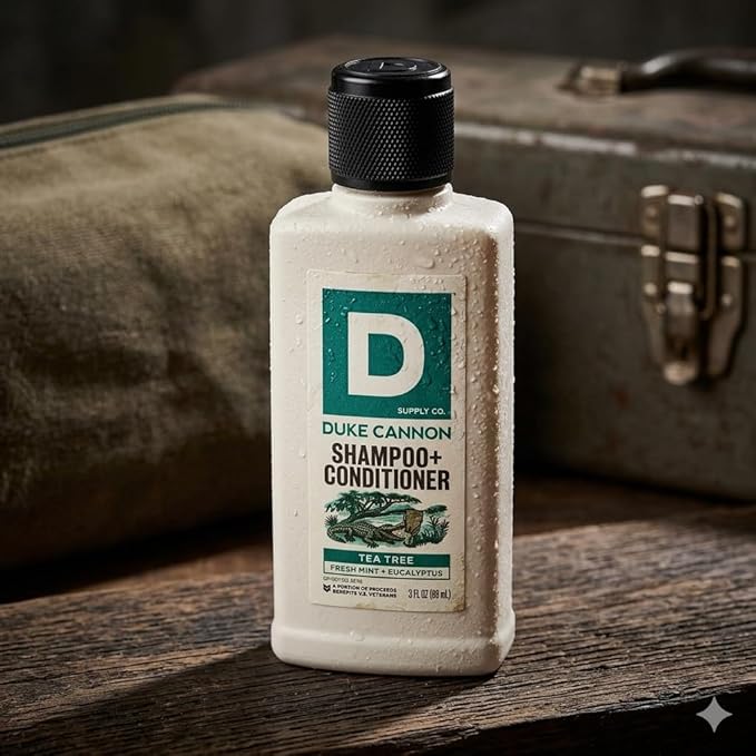 Duke Cannon 2-in-1 Shampoo and Conditioner for Men, Tea Tree, Hydrating Hair & Scalp Cleanser, Travel Size, 3 oz