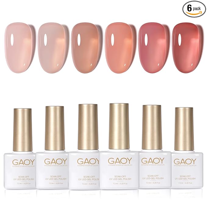 GAOY Jelly Nude Gel Nail Polish Set, 6 Transparent Colors Sheer Red Pink Brown Soak Off UV Light Cure Gel Polish Kit for Salon and Nail Art DIY at Home