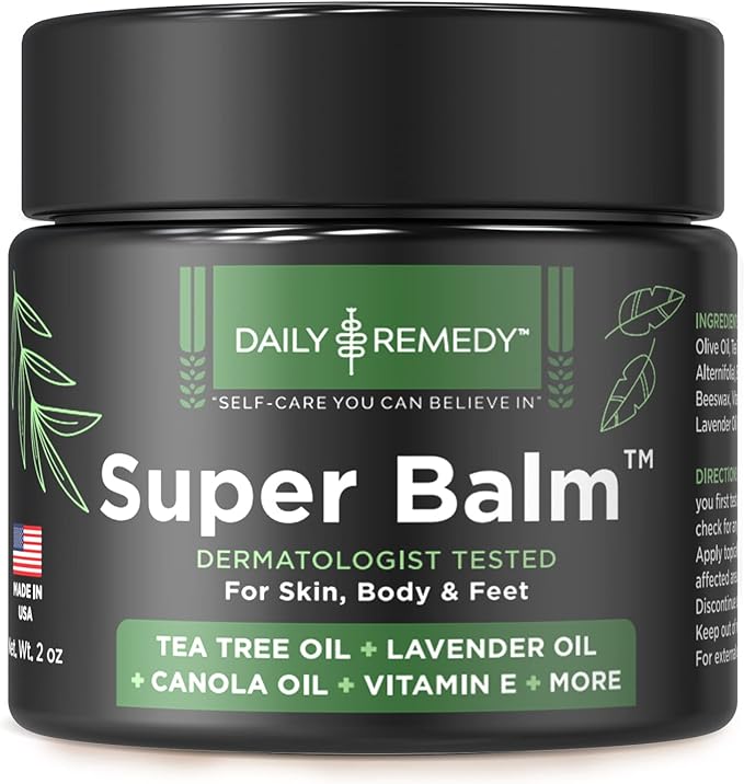 DAILY REMEDY Tea Tree Oil Extra Strength Super Balm - Athletes Foot Cream Combats Ringworm, Jock Itch, Nail Issues - Nourishes Cracked Itchy Skin on Body & Feet - Made in USA