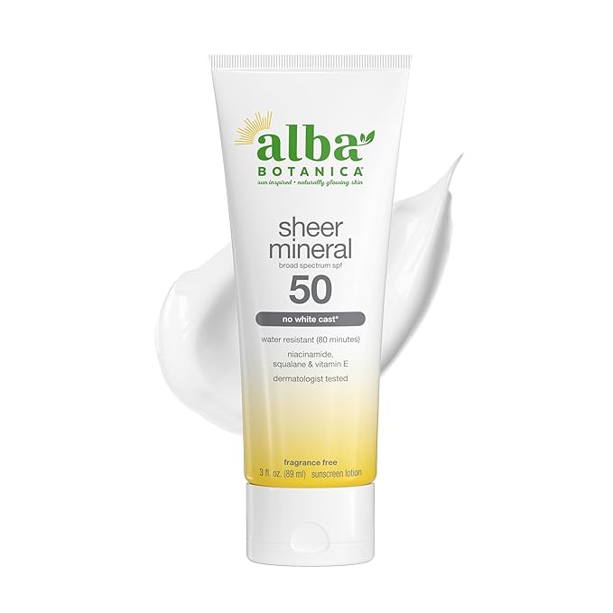 Alba Botanica Mineral Sunscreen Lotion SPF 50, Broad Spectrum, Fragrance Free, 3 Fl Oz (Packaging May Vary)