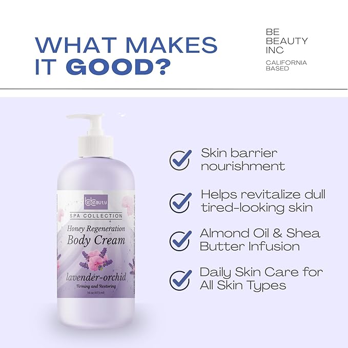 BeBeauty Lavender Orchid Honey Regeneration Body Cream Hydrating & Nourishing Body Lotion for Smooth, Soft, Revitalized Skin 16 oz