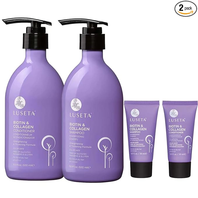 Luseta Biotin Shampoo and Conditioner Set with Argan Oil for Damaged Hair Repair, Growth and Thickening - Full Size and Travel Size (2x16.9 oz + 2x1.01 oz)