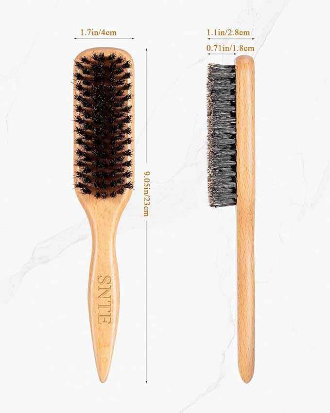 Peach Wood Boar Bristle Slick Back Hair Brush & Rat Tail Comb Set - Controls Frizz, Smooths Flyaways, Restores Shine - Creates Sleek Ponytails, Buns & Edge Control, Teasing for Women & Kids