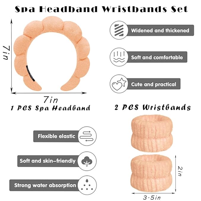 Spa Headbands for Washing Face Wristband Set Sponge Makeup Skincare Headband Wrist Towels Bubble Soft Terry Towel Cloth Hairband for Women Puffy Headwear Non Slip Thick Thin Hair Headwear (Orange)
