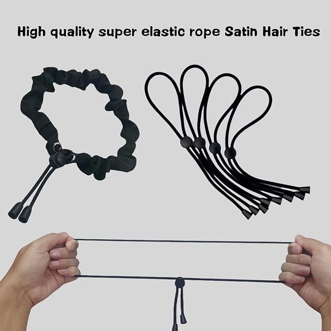 6 Pcs Black Large Adjustable Length Satin Hair Ties for Afro Puff, Heavy and Curly Hair, Silk Soft Ponytail Holders - Perfect for Medium to Thick Hair