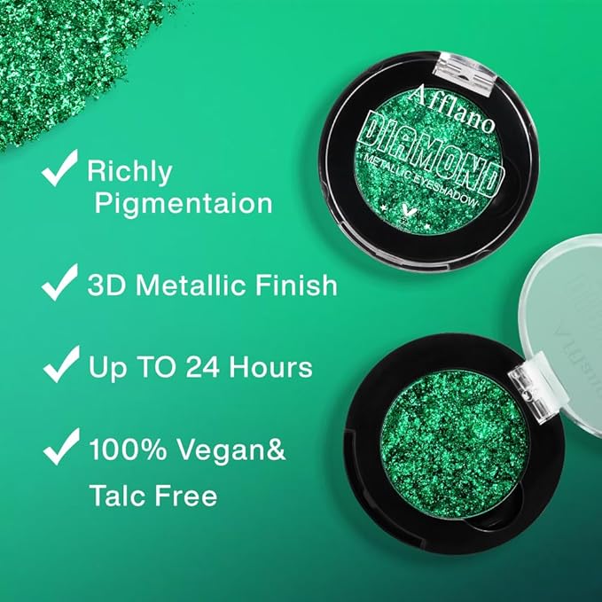 Afflano Green Glitter Eyeshadow Makeup, Chrome Emerald Green Eyeshadow palette Instant Color, Highly Pigmented, Metallic Viridian Shimmery Eye Shadow for St Patricks Wicked Sparkle Eye Face Makeup