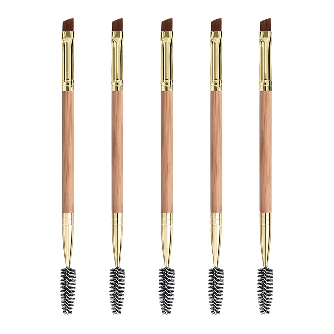 Duo Eyebrow and Eyelash Brush Set - Spoolie and Angled Brow Brush for Eye Makeup (5pcs, Yellow)