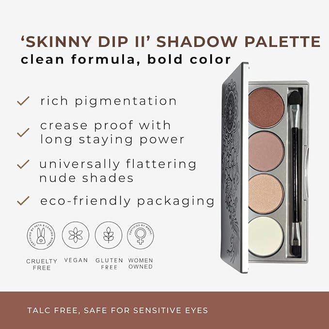 Honeybee Gardens Skinny Dip II Refillable Eye Shadow Palette – 4 Neutral Shades, Highly Pigmented Natural Eyeshadow, Vegan, Gluten-Free, Talc-Free & Paraben-Free Makeup Palette - Travel Size