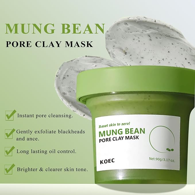 TEEROVA Mung Bean Pore Clay Mask, Fragrance Free Wash Off Mask for Blackhead & Whitehead, Gently Exfoliate Cleanse and Tighten Pores, 3.17 oz.