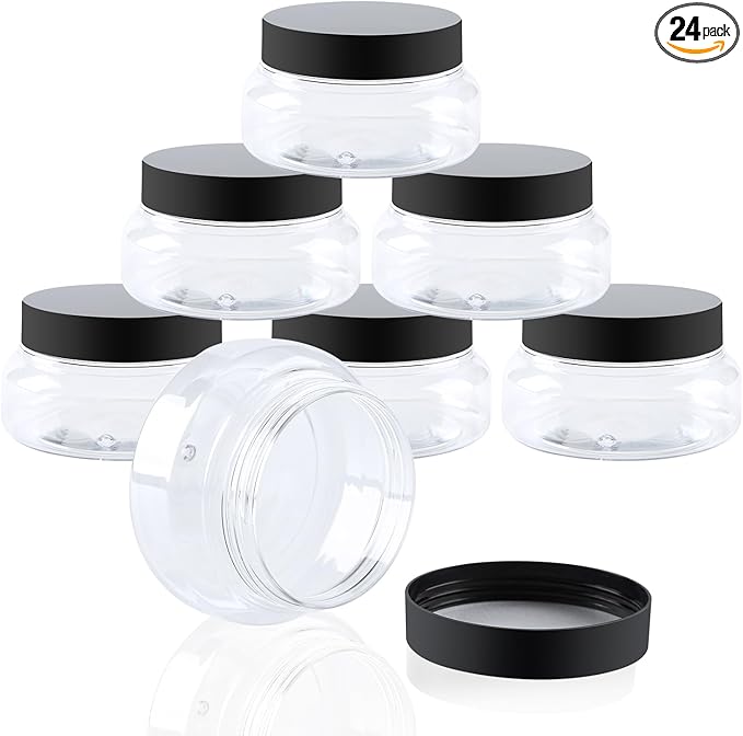 24 Pack 5 Oz Plastic Containers With Lids and Waterproof Label BPA Free - Refillable Transparent Cosmetic Containers for Body Butter,Sugar Scrubs,Cream,Lotions,Candy,Bath Salt (Clear, 5 oz)
