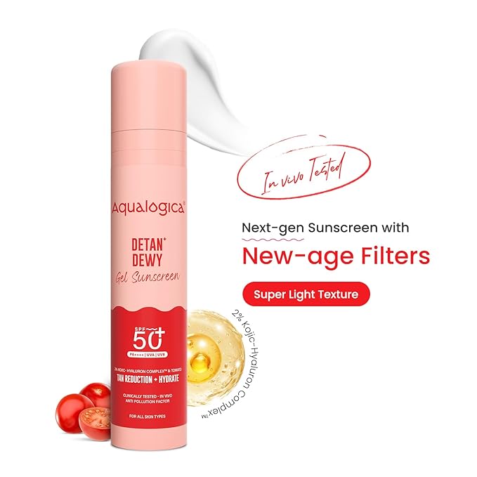 Aqualogica Detan+ Dewy Sunscreen SPF 50+ PA++++ with Cherry Tomato & HA - 50 g Broad Spectrum SPF 50+ PA++++ UVA/B & Blue Light Protection Anti-Pollution Factor (APF) Technology