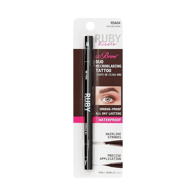 Ruby Kisses Go Brow Microblading Eyebrow Pen, Waterproof Eyebrow Pencil for Women, Dual-Ended Liquid Tattoo Brow Pencil with 4-Fork & Precise Brush Tip for Natural Hair-Like Strokes (Medium Brown)