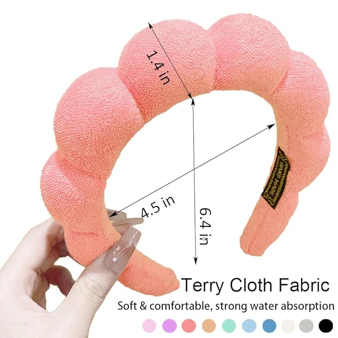 AOENJIE Spa Headbands for Washing Face or Makeup, Sponge Bubble Skincare Headbands, Puffy Terry Cloth Hairband for Women, Skin Care Makeup Headwear Hair Accessories for Girls(Orange Pink)