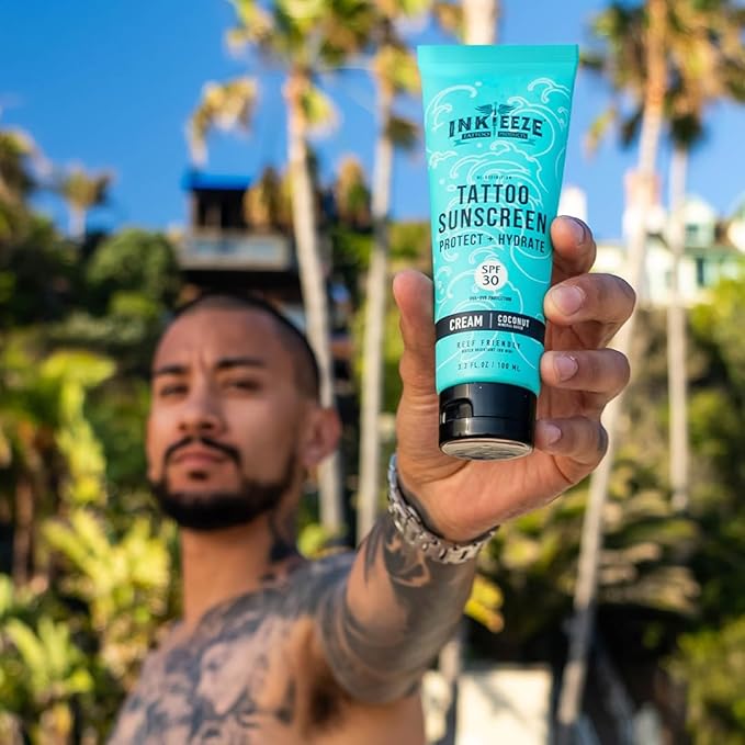 Ink-Eeze Tattoo Sunscreen Ink Shield Mineral, SPF 30, Dries Clear, Reef Safe, Vegan, Made in USA, Vanilla, Tube 3.3 ounces