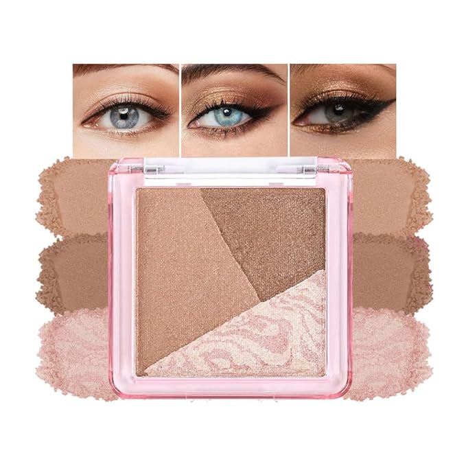 Mini Brown Champagne Baked Eyeshadow Palette,3 Shade Soft Shimmer Eye Shadow, Natural Radiant Glow Makeup, Smooth Blendable&Buildable, No Fallout, Long-Lasting Daily Look, Paleta de Sombras de Ojos 06