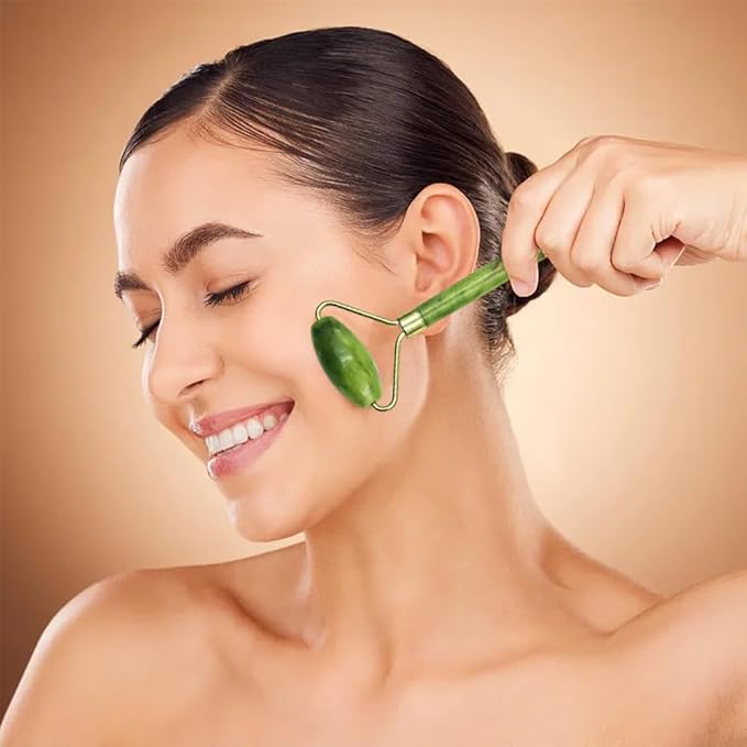 Bibabala 4-PCS Face Roller and Gua Sha Set, Skin Care Roller, Jade Roller Set, Face Stone Facial Roller Massage Tool for Face Eyes Neck Body, Smooth Wrinkles & Eye Puffiness(Green)