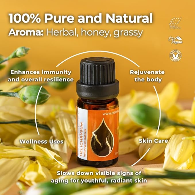 Essences Bulgaria Organic Helichrysum Essential Oil 1/6 Fl Oz | 5ml | Helichrysum italicum | 100% Pure and Natural | Undiluted | Therapeutic Grade | Family Owned Farm | Steam-Distilled | Non-GMO