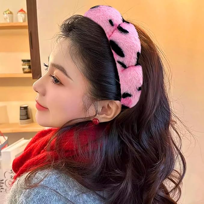 AOENJIE Spa Headbands for Washing Face or Makeup, Sponge Bubble Skincare Headbands, Puffy Terry Cloth Hairband for Women, Skin Care Makeup Headwear Hair Accessories for Girls (Leopard Pink)