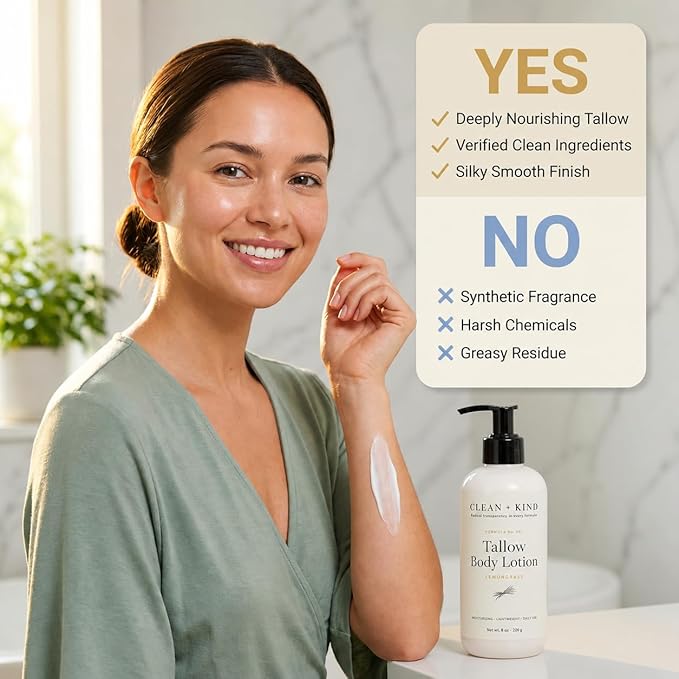 Lemongrass Whipped Tallow Body Lotion — Hydrating Non-Toxic Natural Body Moisturizer & Cream, Grass-Fed Beef, Organic Shea, Jojoba, Coconut MCT & Aloe for Dry Sensitive Skin (8 oz)