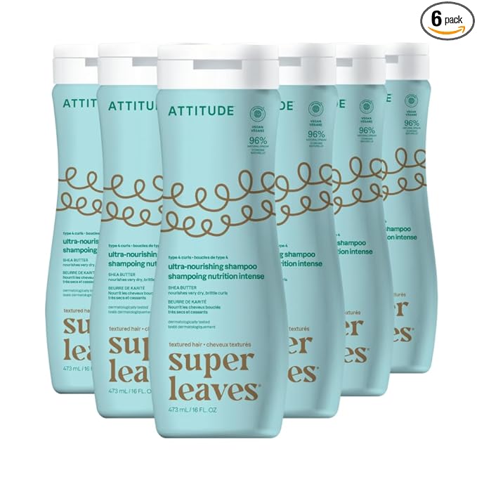 ATTITUDE Ultra-Nourishing Shampoo for Curly Hair 4a – 4c with Shea Butter, Vegan, Naturally Derived Ingredients, Deeply Nourishes, 16 Fl Oz (Pack of 6)