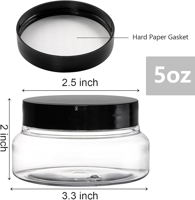 Yarlung 24 Pack 5 Oz Plastic Jars with Lids, Clear Body Scrub Jars Empty Refillable Containers Round Low Profile Samples Jars for Lotion, Body Butter, Sugar Scrub, Cream