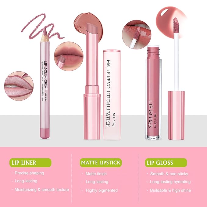 Nude Pink Lip Kit - Matte Lipstick Cream Lip Liner and Gloss Set High Pigment Plumping Lip Pencil Moisturizing Lightweight Liquid Lipstick Smooth Buildable Long Lasting Lip Combo Makeup