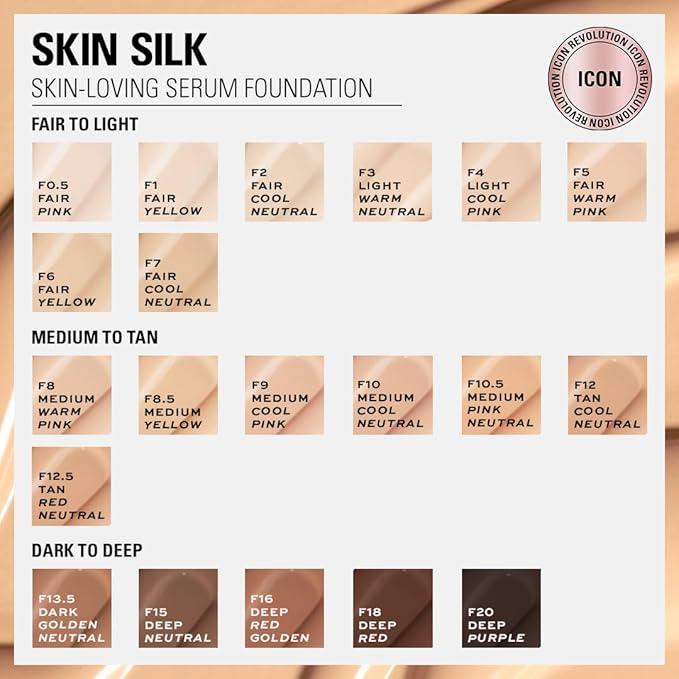 Revolution, Skin Silk Serum Foundation, Light to Medium Coverage, Lightweight & Radiant Finish, Contains Hyaluronic Acid, F18 Deep Skin Tones, 0.77 fl oz (Pack of 2)