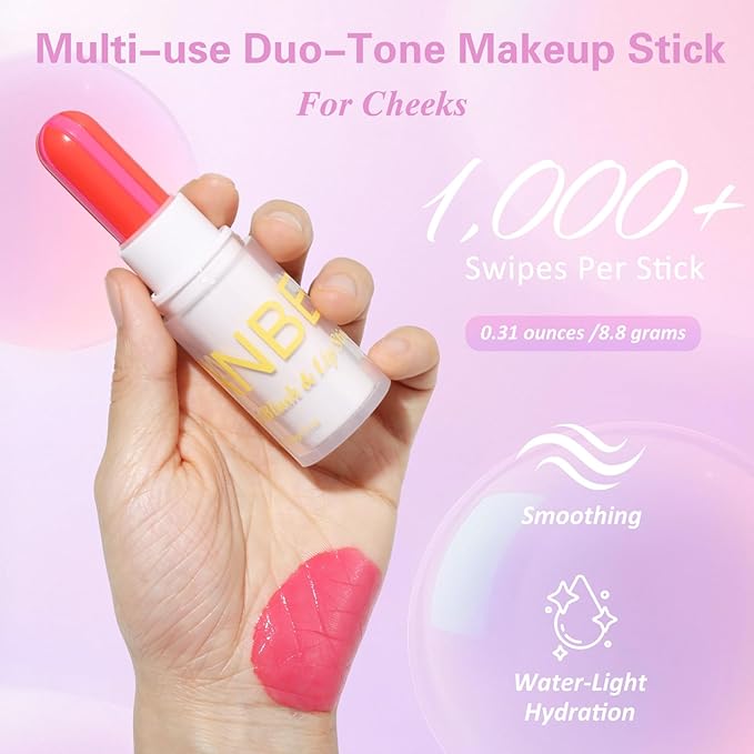 UCANBE Coral Pink Cream Blush Stick for Cheeks, Duo-Tone Buildable Blush Makeup, Hydrating Lightweight Face Blush with Vitamin E, Natural Dewy Finish, Long-Wearing, Water-Resistant