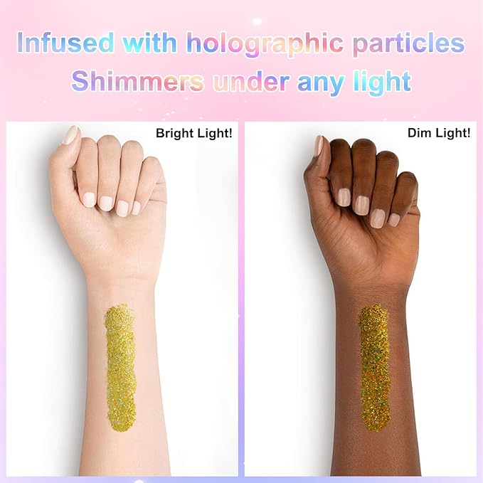 Roll-on Holographic Glitter Gel for Face & Hair, Sparkling Pink Shimmer Makeup, Color Changing Body Glitter for Festivals, Parties & Halloween,Chunky Mermaid Sequins Body Shimmer for Women(Laser Gold)