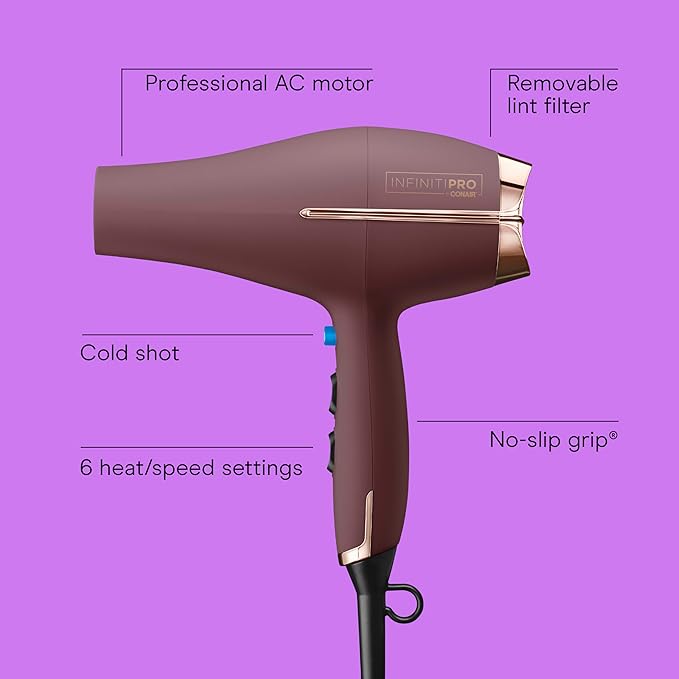 Infiniti PRO by CONAIR Hair Dryer, 1875W Blow Dryer with Diffuser and Concentrator Attachments, AC Motor with Ceramic Technology, 3 Heat & 2 Speed Settings, Plum