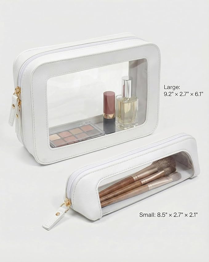 LETGO 2 Pack Clear Makeup Bag Set - Travel Toiletry Organizer for Women, Waterproof Cosmetic Makeup Pouch Portable Makeup Brush Case Car Accessories for Women Men (2Pack-Standard&Slim, Beige)