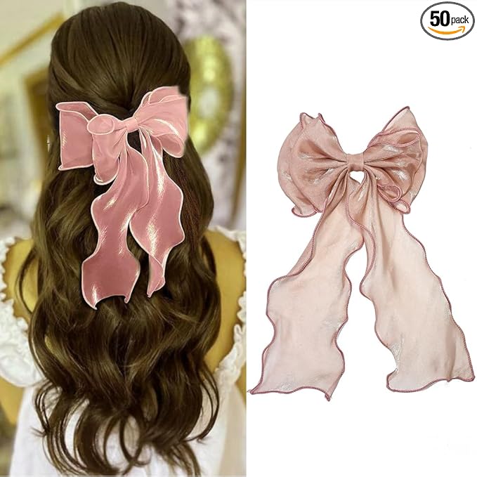 Bright Colors Hair Ribbon-Organza Bow With Long Tail Ribbon ，Soft Chiffon Hair Bows for Women and small Girls，Elegant and fashionable Large Bow Metal Spring Clip bow hair clip Large -Cameo Browm