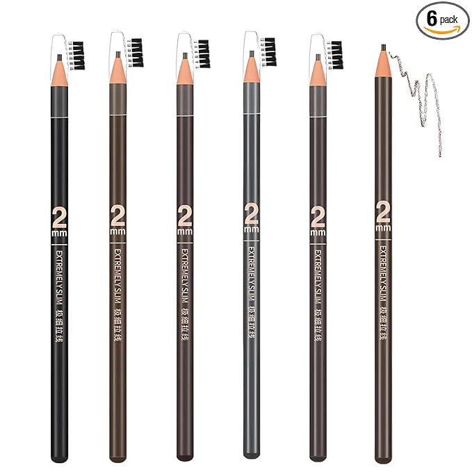 6pcs 2mm Ultra-Thin Eyebrow Pencil with Brush Waterproof Long-Lasting Slim Eyebrow Pencil Peel off Microblading Mapping Pencils (Mix 6 Colors)