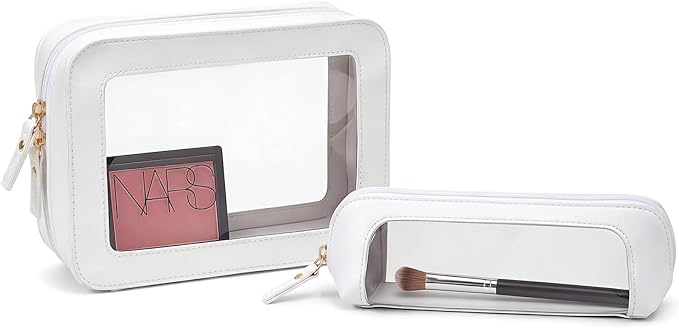 LETGO 2 Pack Clear Makeup Bag Set - Travel Toiletry Organizer for Women, Waterproof Cosmetic Makeup Pouch Portable Makeup Brush Case Car Accessories for Women Men (2Pack-Standard&Slim, Beige)