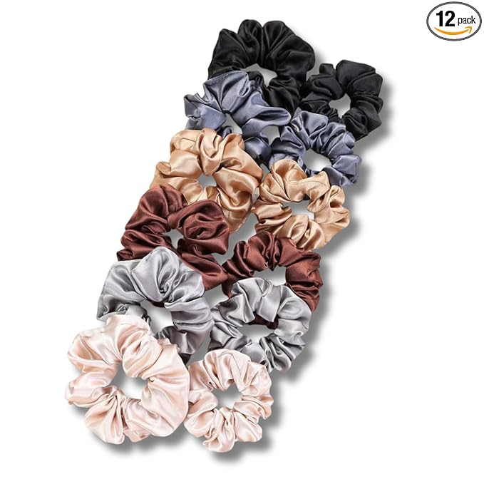 12PCS Satin Scrunchies Pack for Women and Girls, Soft Silk Hair Ties for Sleeping, No-Damage Satin Ponytail Holders for Thick or Curly Hair