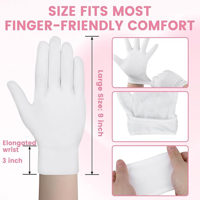 20 Pcs White Cotton Gloves for Dry Hands, Soft Overnight Moisturizing Gloves for Eczema & Dry Skin, Stretchable Lotion Spa Gloves for Men Women, Cotton Gloves for Coin Jewelry Silver Handling