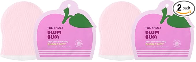 TONYMOLY Plum Bum AHA Exfoliating Bubble Mitt – Single-Use Korean Body Scrub with Glycolic Acid, Peptides & Plum Extract for Smooth, Refreshed Skin – 1.2 oz (Pack of 2)